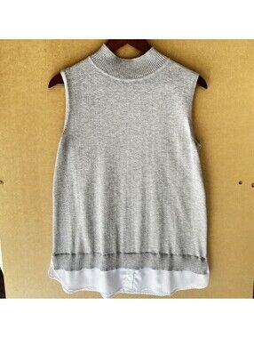 Layered Mixed Media Sweater Vest Grey Mock Neck 2-in-1 Shirt Hem Top [S]